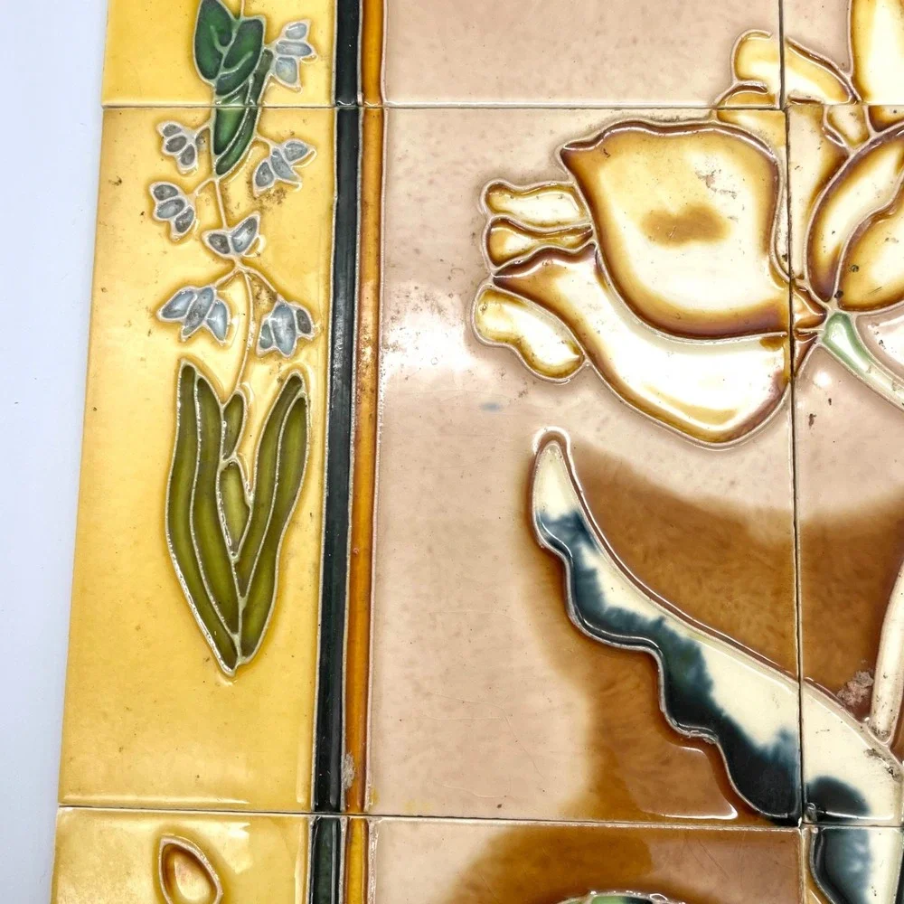Art Nouveau Style Floral Ceramic Tile Mural 6-Piece Set Yellow‎ Brown
